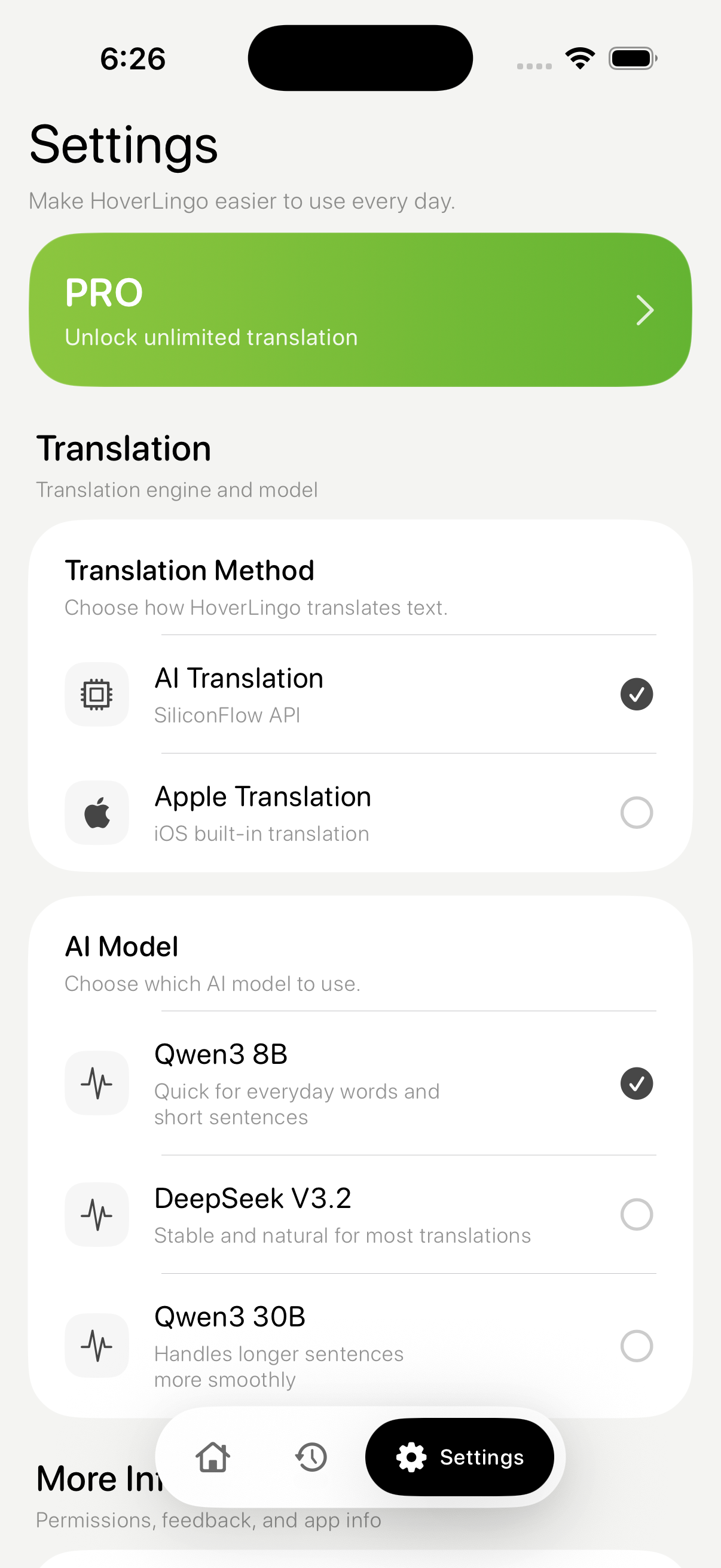 HoverLingo translation method settings